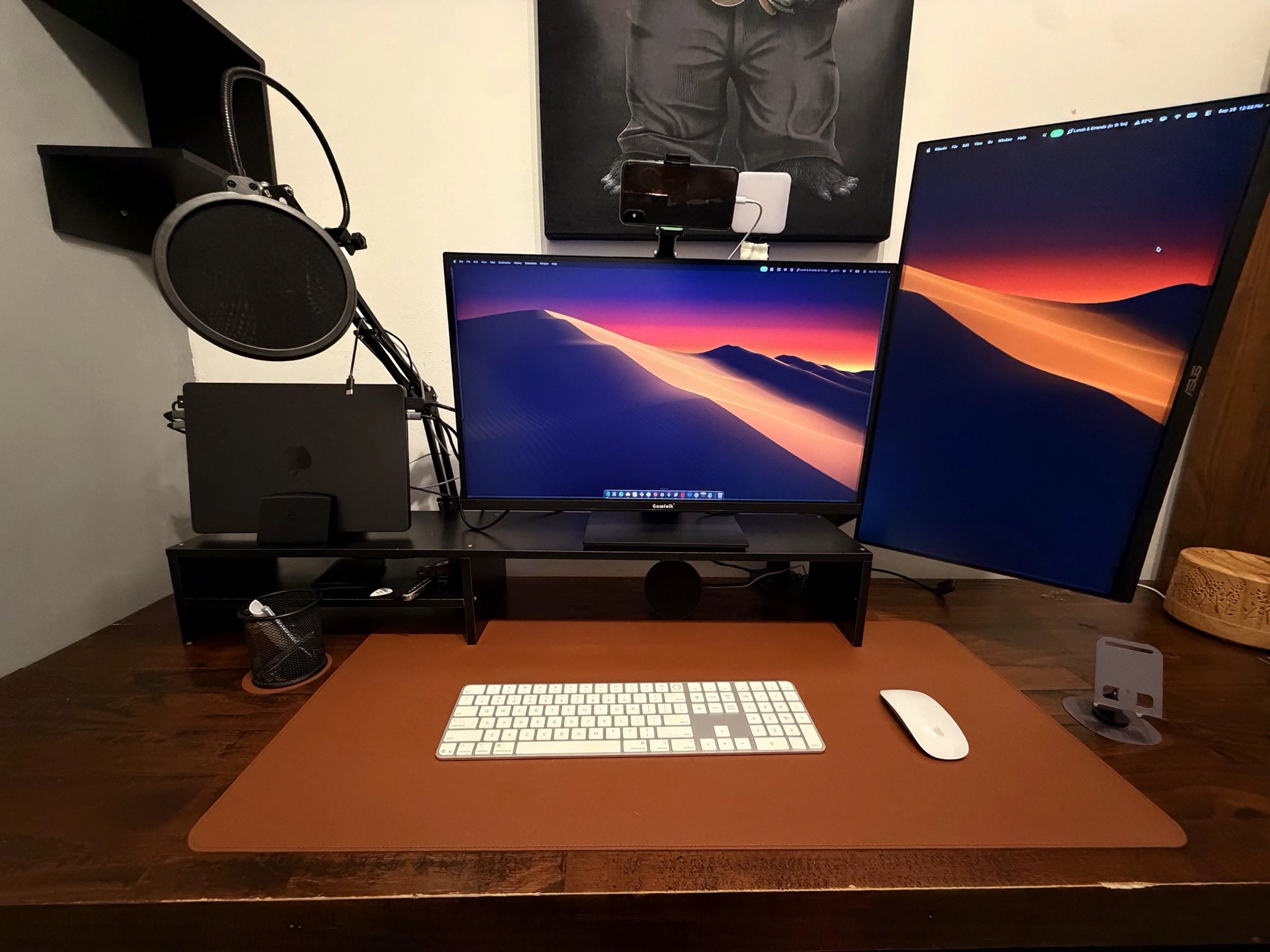 My desk with the Gawfolk monitor, a vertical ASUS monitor and a MacBook Pro